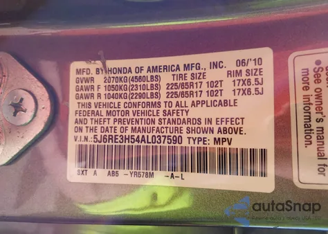 2010 Honda Cr-V Ex z USA, uszkodzony, nr VIN 5J6RE3H54AL037590